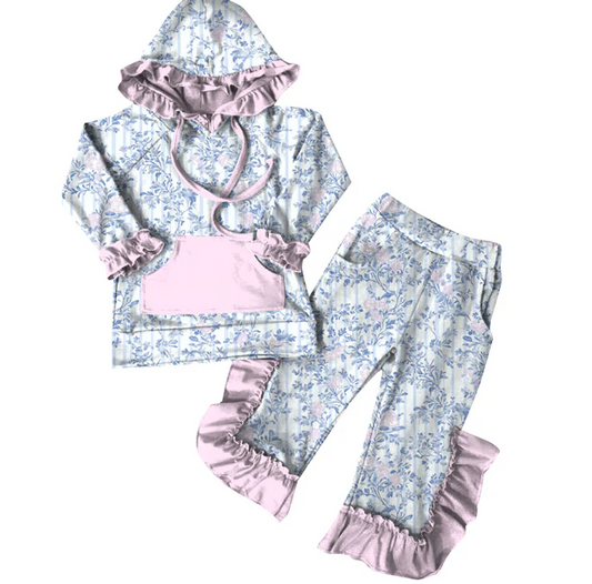 6.7 Preorder (moq 5)Baby Girls Blue Pink Flowers Hoodies Top Ruffle Pant Sets