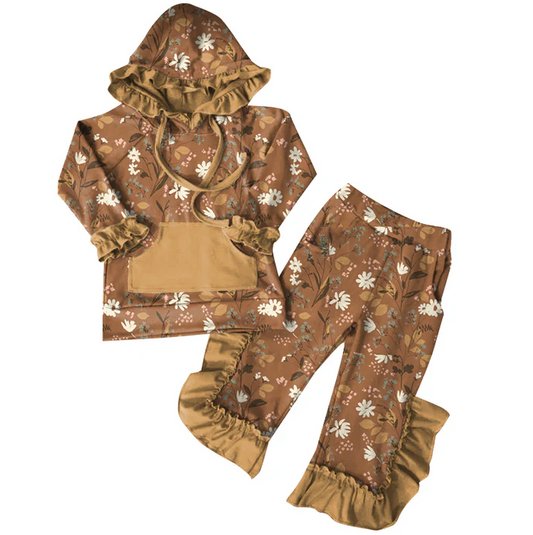 6.7 Preorder (moq 5)Baby Girls Mustard Flowers Hoodies Top Ruffle Pant Sets