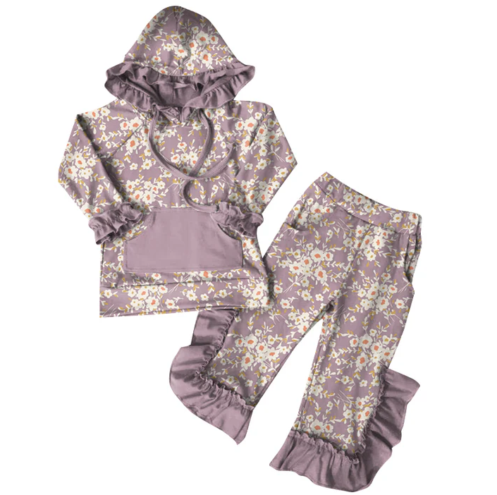 6.7 Preorder (moq 5)Baby Girls Purple Flowers Hoodies Top Ruffle Pant Sets