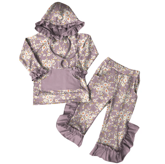 6.7 Preorder (moq 5)Baby Girls Purple Flowers Hoodies Top Ruffle Pant Sets