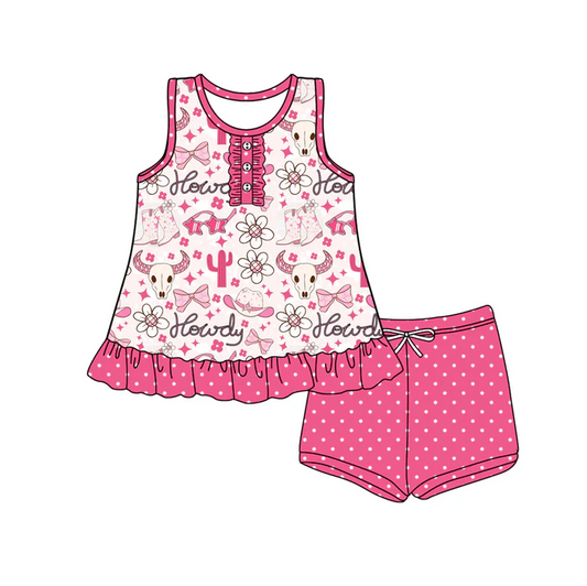 6.7 Preorder (moq 5)Baby Girls Sleeveless Bull Skull Flowers Button Vest Top Polka Dots Shorts Set