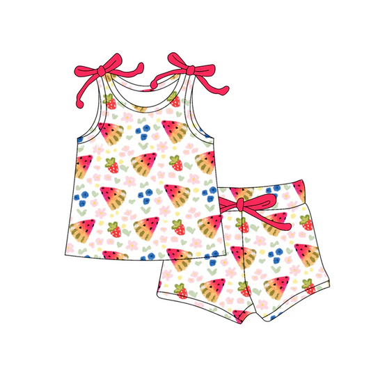 6.7 Preorder (moq 5)Baby Girls Bows Sleeveless Watermelon Flowers Vest Top Shorts Set
