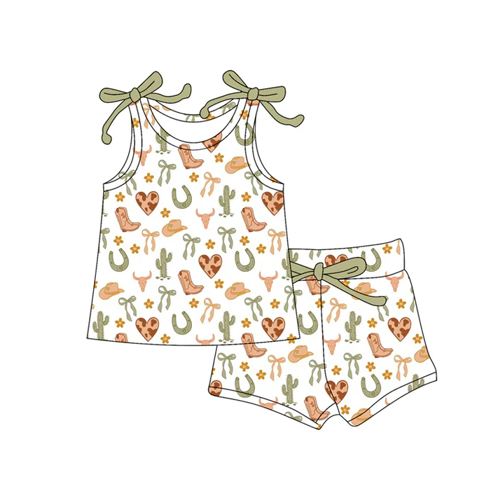 6.7 Preorder (moq 5)Baby Girls Bows Sleeveless Boots Bows Vest Top Shorts Set
