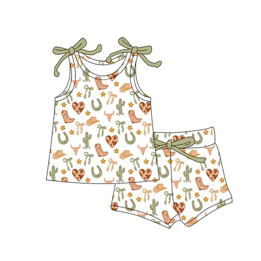 6.7 Preorder (moq 5)Baby Girls Bows Sleeveless Boots Bows Vest Top Shorts Set