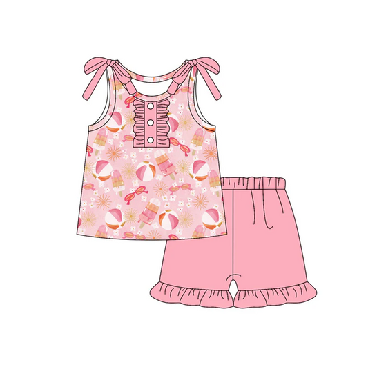 6.7 Preorder (moq 5)Baby Girls Pink Bows Sleeveless Glasses Beach Button Top Ruffle Shorts Set