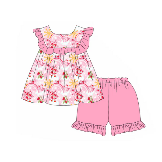 6.7 Preorder (moq 5)Baby Girls Pink Sleeveless Butterfly Rainbows Tunic Ruffle Short Set