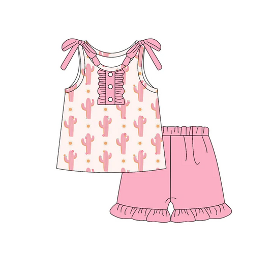 6.7 Preorder (moq 5)Baby Girls Pink Bows Sleeveless Cactus Polka Dots Button Top Ruffle Short Set