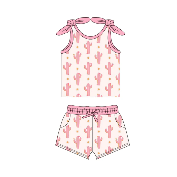 6.7 Preorder (moq 5)Baby Girls Pink Bows Sleeveless Cactus Polka Dots Vest Top Pockets Short Set