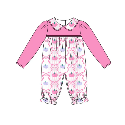 6.7 Preorder (moq 5)Baby Girls Pink Long Sleeves Bows Pumpkins Plaid Ruffle Rompers
