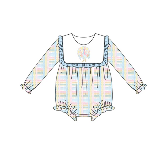 6.7 Preorder (moq 5)Baby Girls Long Sleeves Turkey Plaid Ruffle Rompers