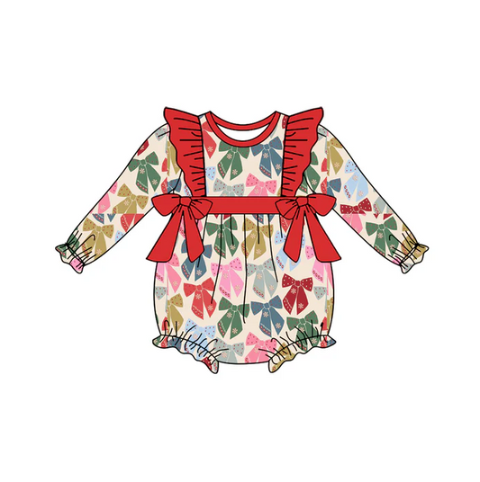 6.7 Preorder (moq 5)Baby Girls Red Long Sleeves Colorful Bows Plaid Ruffle Rompers