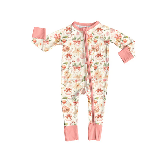 6.7 Preorder (moq 5)Baby Girls Peach Long Sleeves Bows Trees Zipper Rompers