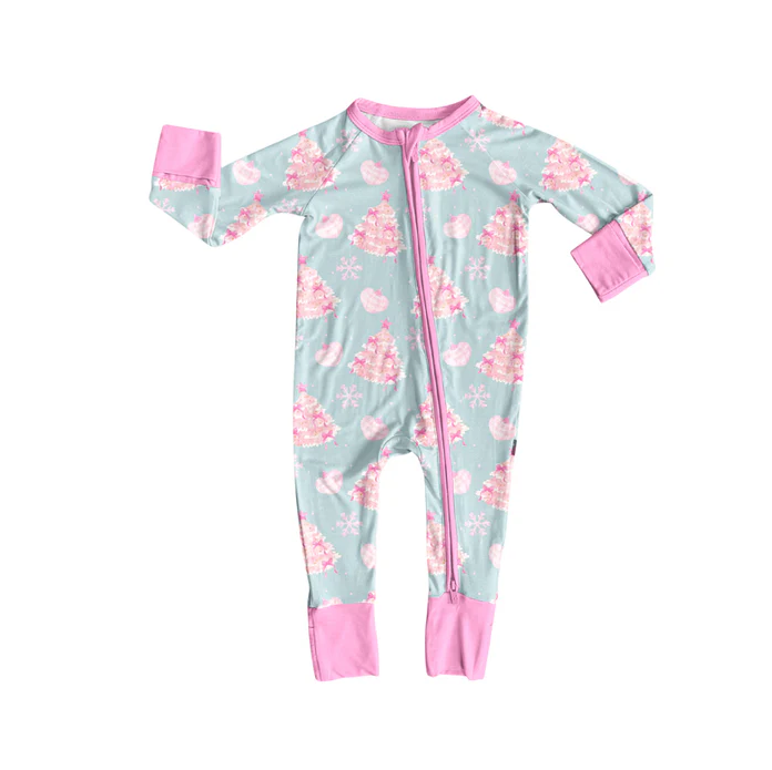 6.7 Preorder (moq 5)Baby Girls Light Pink Long Sleeves Cakes Trees Zipper Rompers