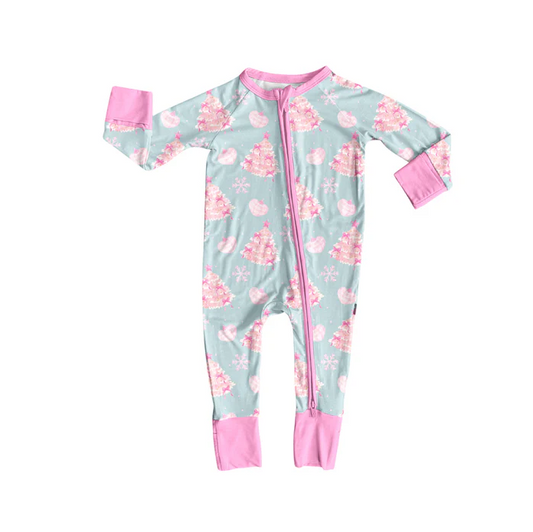 6.7 Preorder (moq 5)Baby Girls Light Pink Long Sleeves Cakes Trees Zipper Rompers