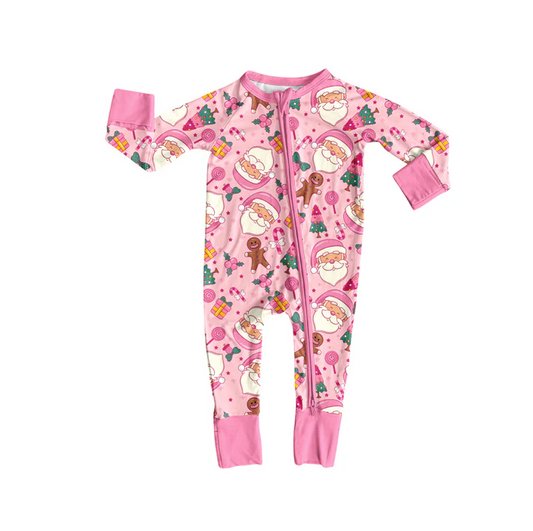 6.7 Preorder (moq 5)Baby Girls Pink Long Sleeves Trees Santa Zipper Rompers