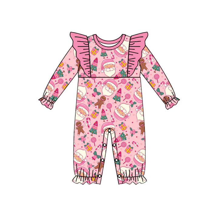 6.7 Preorder (moq 5)Baby Girls Pink Long Sleeves Trees Santa Ruffle Rompers