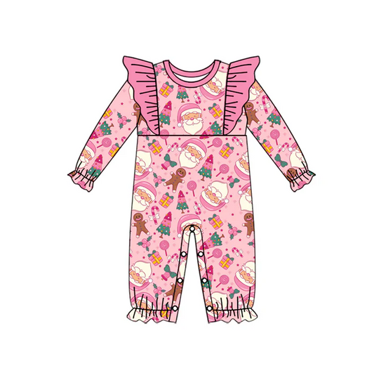 6.7 Preorder (moq 5)Baby Girls Pink Long Sleeves Trees Santa Ruffle Rompers