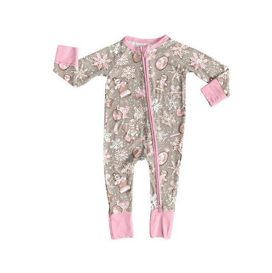 6.7 Preorder (moq 5)Baby Girls Light Pink Long Sleeves Gingerbread Snowflake Zipper Rompers