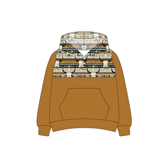 6.9 Preorder (moq 5)Baby Boys Western Brown Cow Aztec Hooded Pullovers Tee Shirts