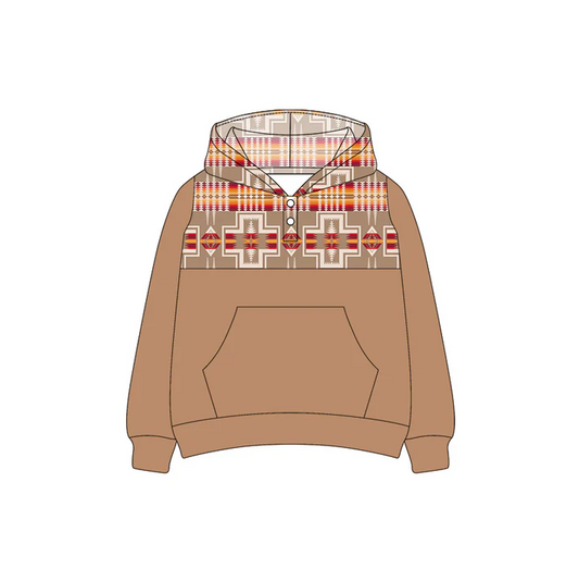 6.9 Preorder (moq 5)Baby Boys Western Khaki Aztec Hooded Pullovers Tee Shirts