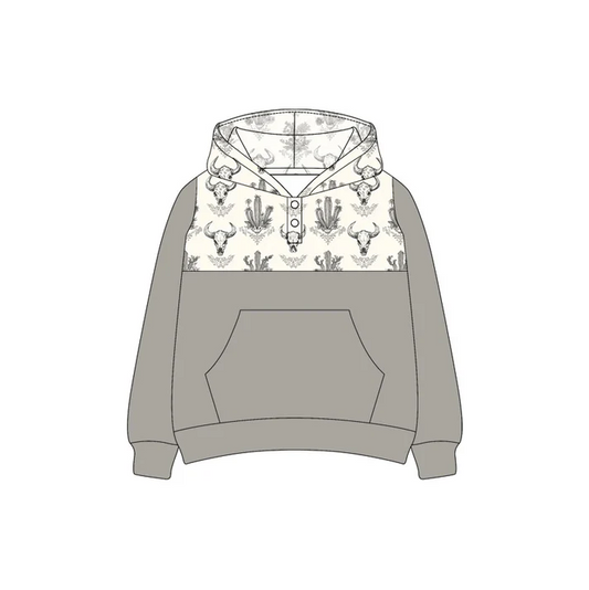 6.9 Preorder (moq 5)Baby Boys Western Grey Cow Cactus Hooded Pullovers Tee Shirts