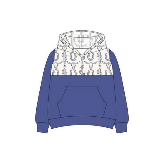 6.9 Preorder (moq 5)Baby Boys Western Cowboy Blue Cow Hooded Pullovers Tee Shirts