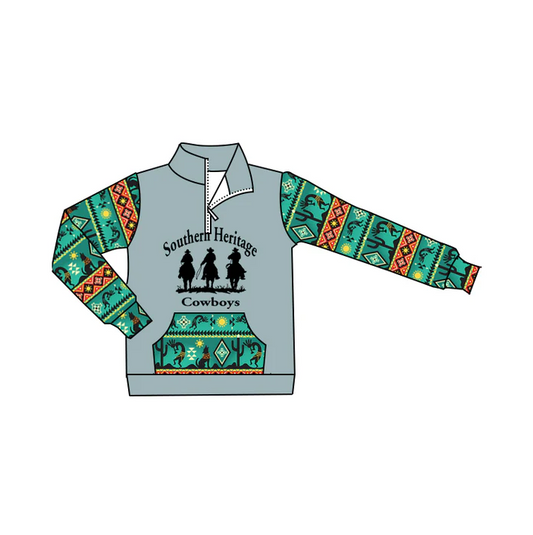 6.9 Preorder (moq 5)Baby Boys Western Cowboy Green Aztec Zip Pocket Pullovers Tee Shirts