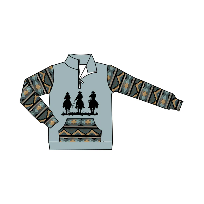 6.9 Preorder (moq 5)Baby Boys Western Cowboy Horse Aztec Zip Pocket Pullovers Tee Shirts