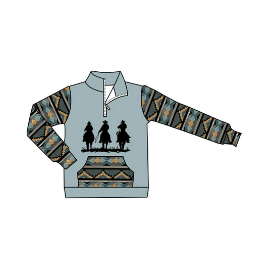 6.9 Preorder (moq 5)Baby Boys Western Cowboy Horse Aztec Zip Pocket Pullovers Tee Shirts