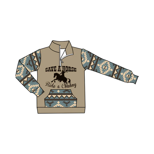 6.9 Preorder (moq 5)Baby Boys Western Cowboy Rodeo Aztec Zip Pocket Pullovers Tee Shirts