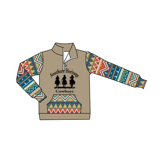 6.9 Preorder (moq 5)Baby Boys Western Cowboy Aztec Zip Pocket Pullovers Tee Shirts
