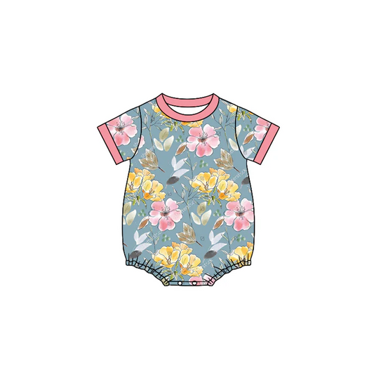 6.10 Preorder (moq 5)Baby Girls Grey Colorful Flowers Short Sleeve Rompers
