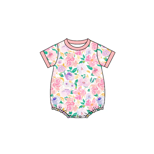6.10 Preorder (moq 5)Baby Girls Lavender Pink Flowers Short Sleeve Rompers