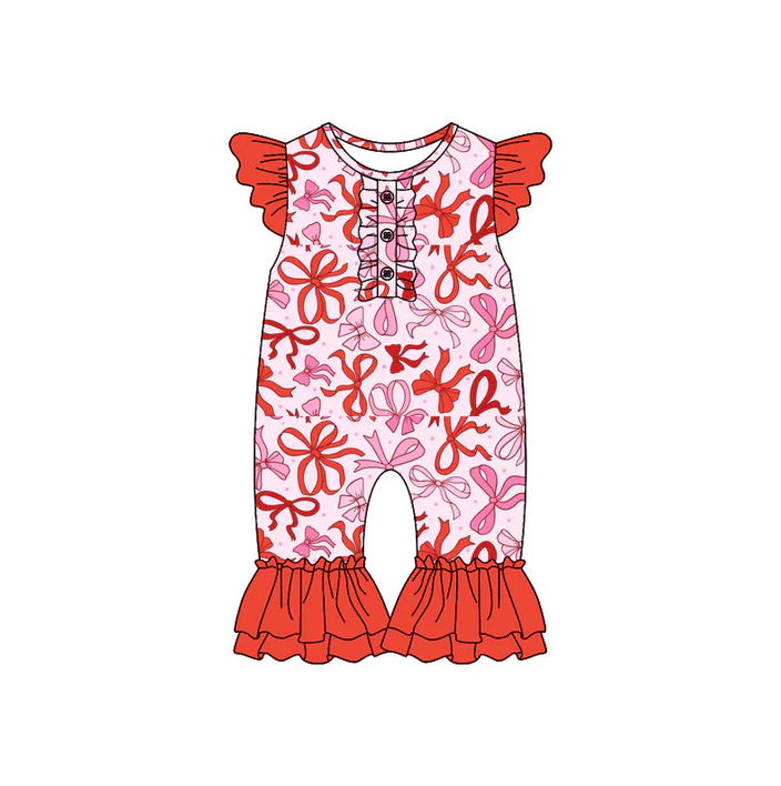 6.10 Preorder (moq 5)Baby Girls Red Bows Flutter Sleeve Rompers