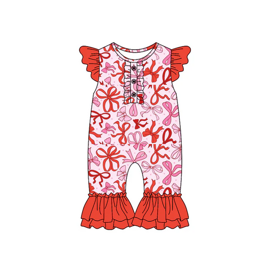 6.10 Preorder (moq 5)Baby Girls Red Bows Flutter Sleeve Rompers