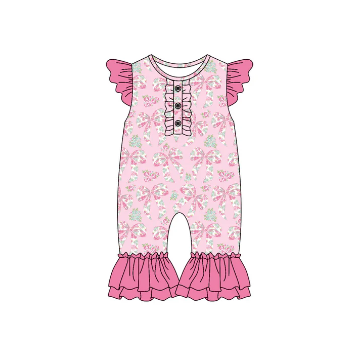 6.10 Preorder (moq 5)Baby Girls Pink Bows Flutter Sleeve Rompers
