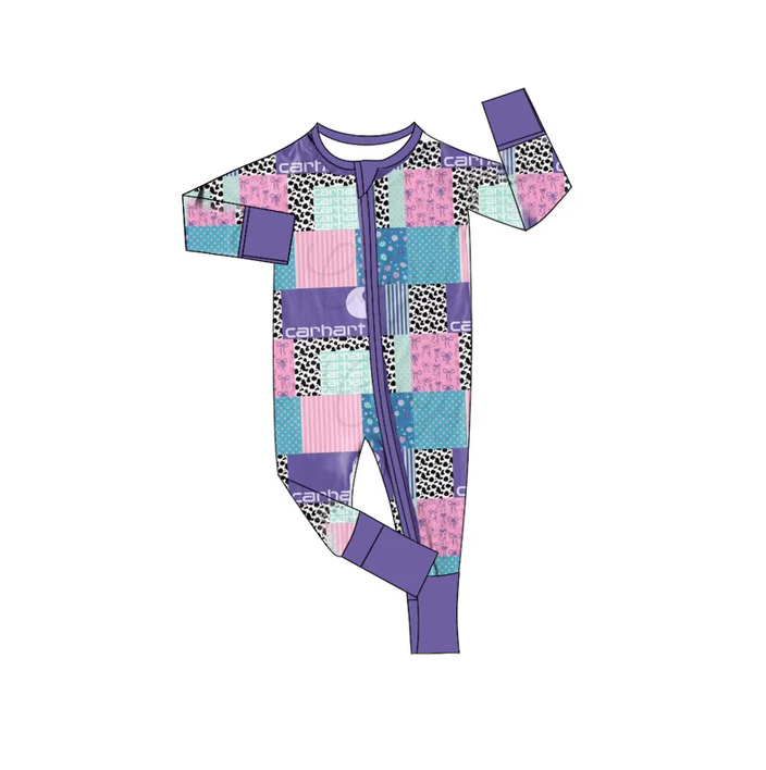 6.10 Preorder (moq 5)Baby Boys Western Cow Boots Stars Lavender Zip Long Sleeves Rompers