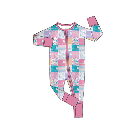 6.10 Preorder (moq 5)Baby Boys Western Cow Boots Stars Pink Zip Long Sleeves Rompers