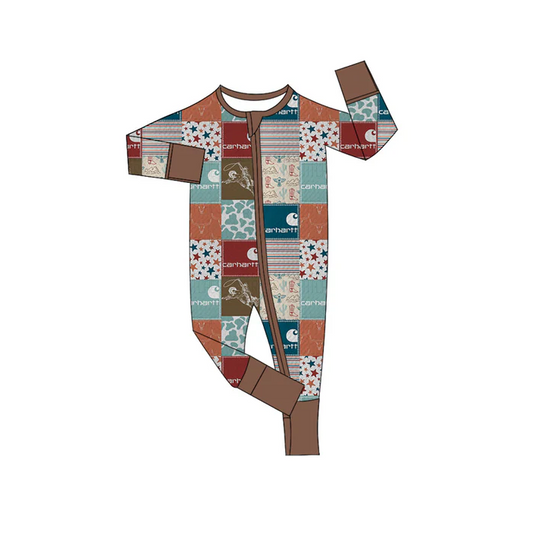6.10 Preorder (moq 5)Baby Boys Western Cow Boots Stars Zip Long Sleeves Rompers