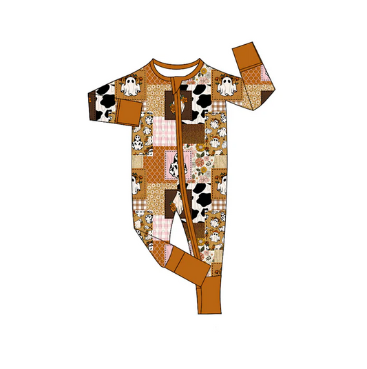 6.10 Preorder (moq 5)Baby Boys Halloween Western Ghost Orange Zip Long Sleeves Rompers
