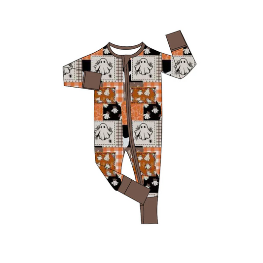 6.10 Preorder (moq 5)Baby Boys Halloween Ghost Orange Zip Long Sleeves Rompers