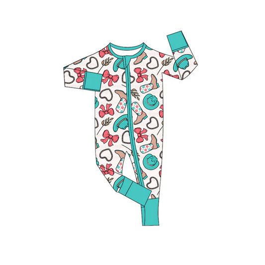 6.10 Preorder (moq 5)Baby Girls Blue Western Boots Bows Zip Long Sleeves Rompers