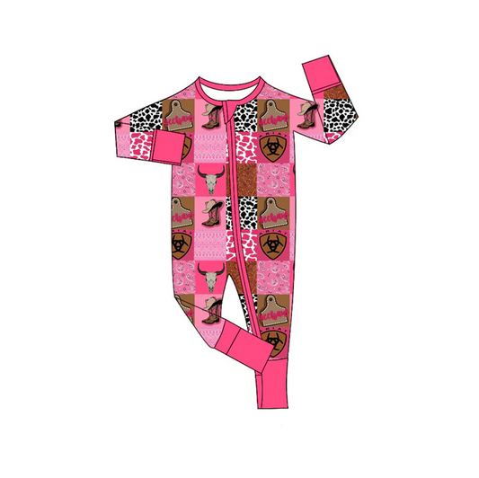 6.10 Preorder (moq 5)Baby Girls Pink Western Cow Zip Long Sleeves Rompers