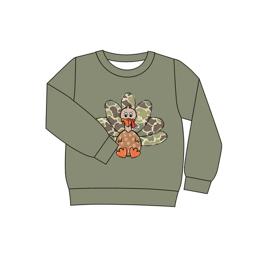 6.10 Preorder (moq 5)Baby Girls Long Sleeves Thanksgiving Green Camo Turkey Tee Shirts Tops