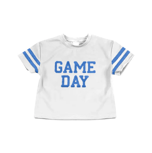 6.10 Preorder (moq 5)Baby Girls Blue Game Day Team Cheer Short Sleeve Sports Shirts Tops