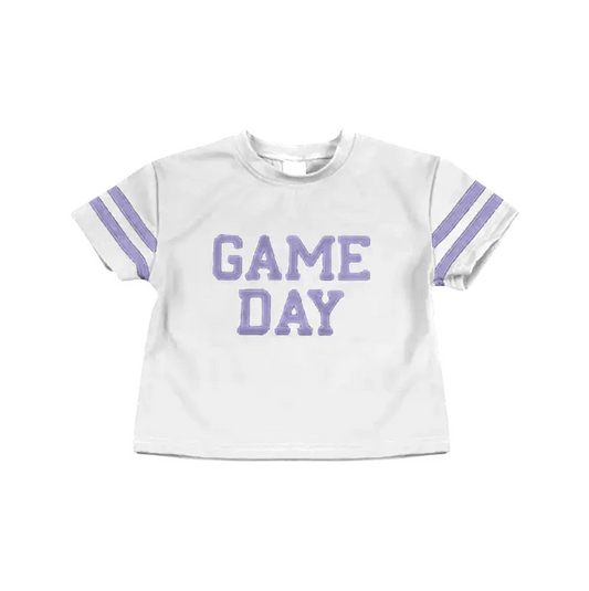 6.10 Preorder (moq 5)Baby Girls Lavender Game Day Team Cheer Short Sleeve Sports Shirts Tops