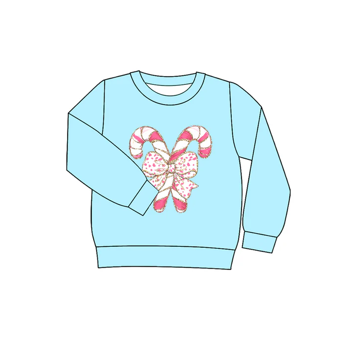 6.10 Preorder (moq 5)Baby Girls Long Sleeves Blue Candy Cane Bow Tee Shirts Top