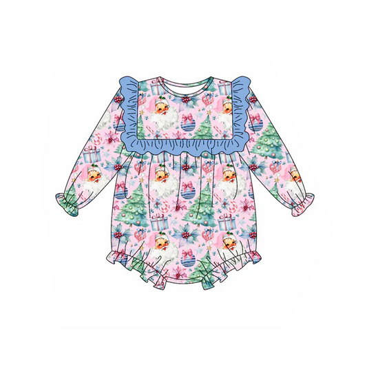 6.10 Preorder (moq 5)Baby Girls Blue Long Sleeves Santa Trees Flowers Plaid Ruffle Rompers