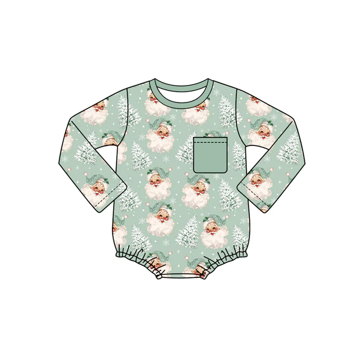 6.10 Preorder (moq 5)Baby Girls Green Long Sleeves Pocket Santa Trees Ruffle Rompers