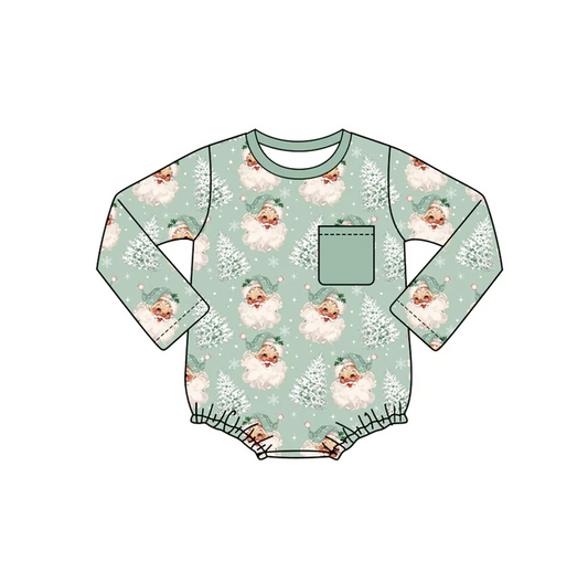 6.10 Preorder (moq 5)Baby Girls Green Long Sleeves Pocket Santa Trees Ruffle Rompers